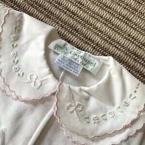 Quality white onesie, 6 months, pink embroidered flowers, NWOT, Carousel, NY